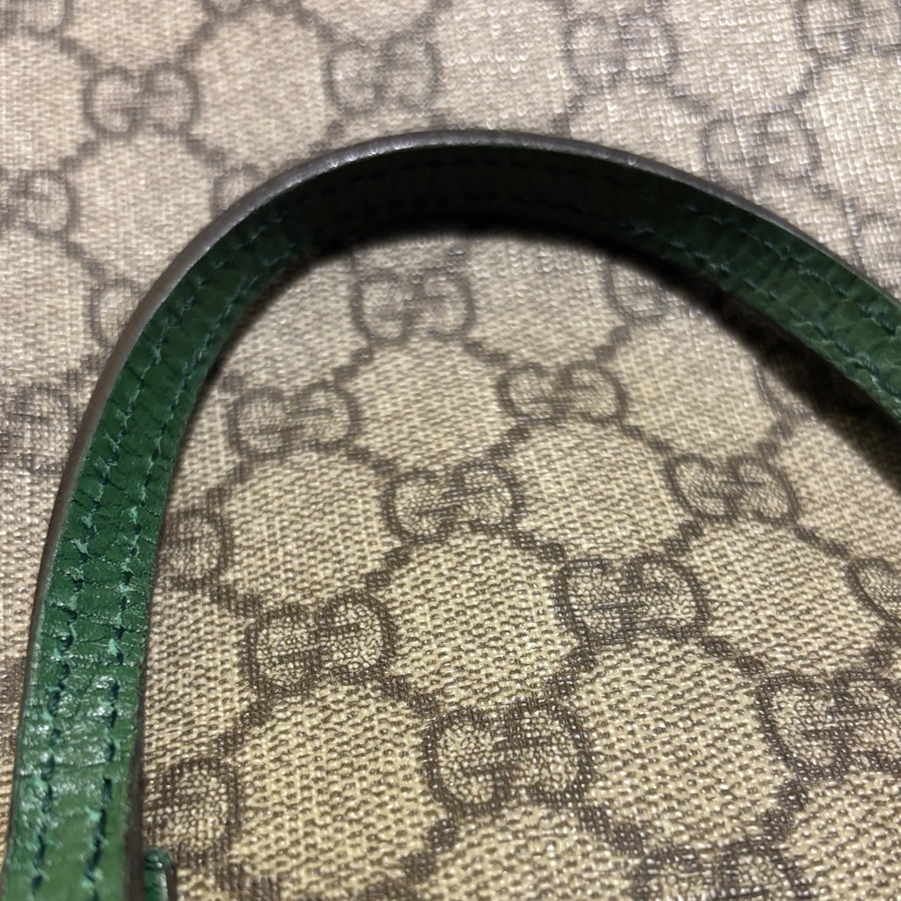 AUTHENIC Gucci Brown Monogram Tote with Green Leather Handles - Picture 7 of 16
